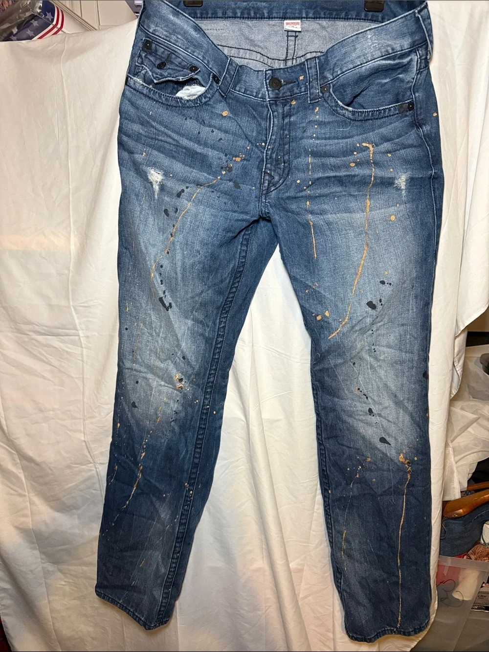True Religion 36x34 Flap Straight Leg Paint Splatter Jeans